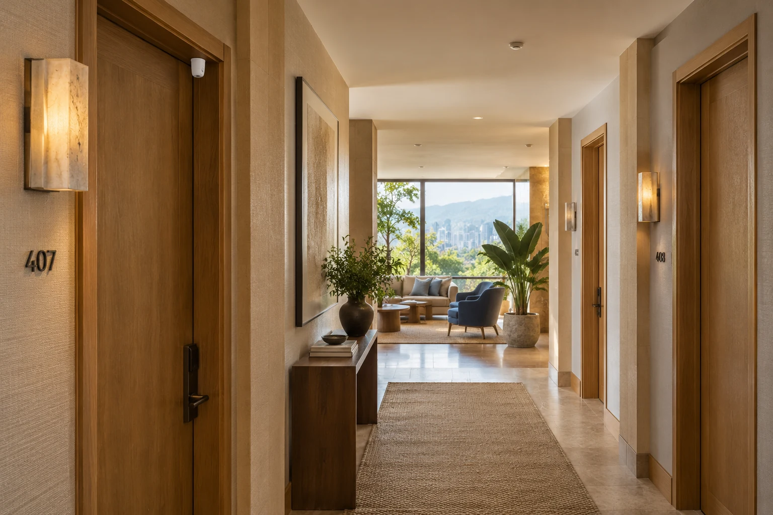Pasillo de hotel con puertas de madera y una sala luminosa al fondo
