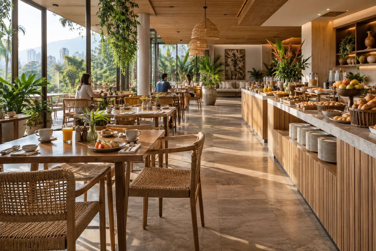 Restaurante de hotel durante el desayuno, con mesas y buffet
